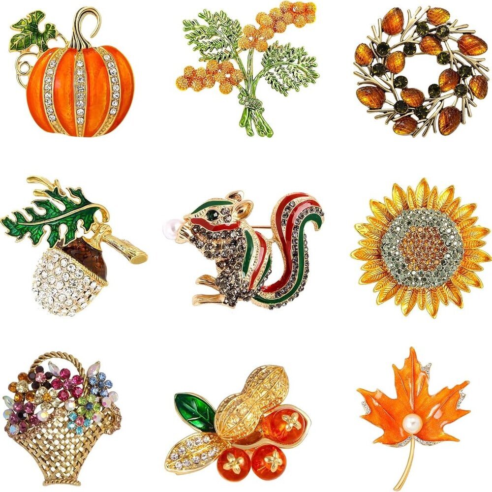 Halloween Thanksgiving Fall Christmas Theme Crystal Brooch Set with Rhinestone C